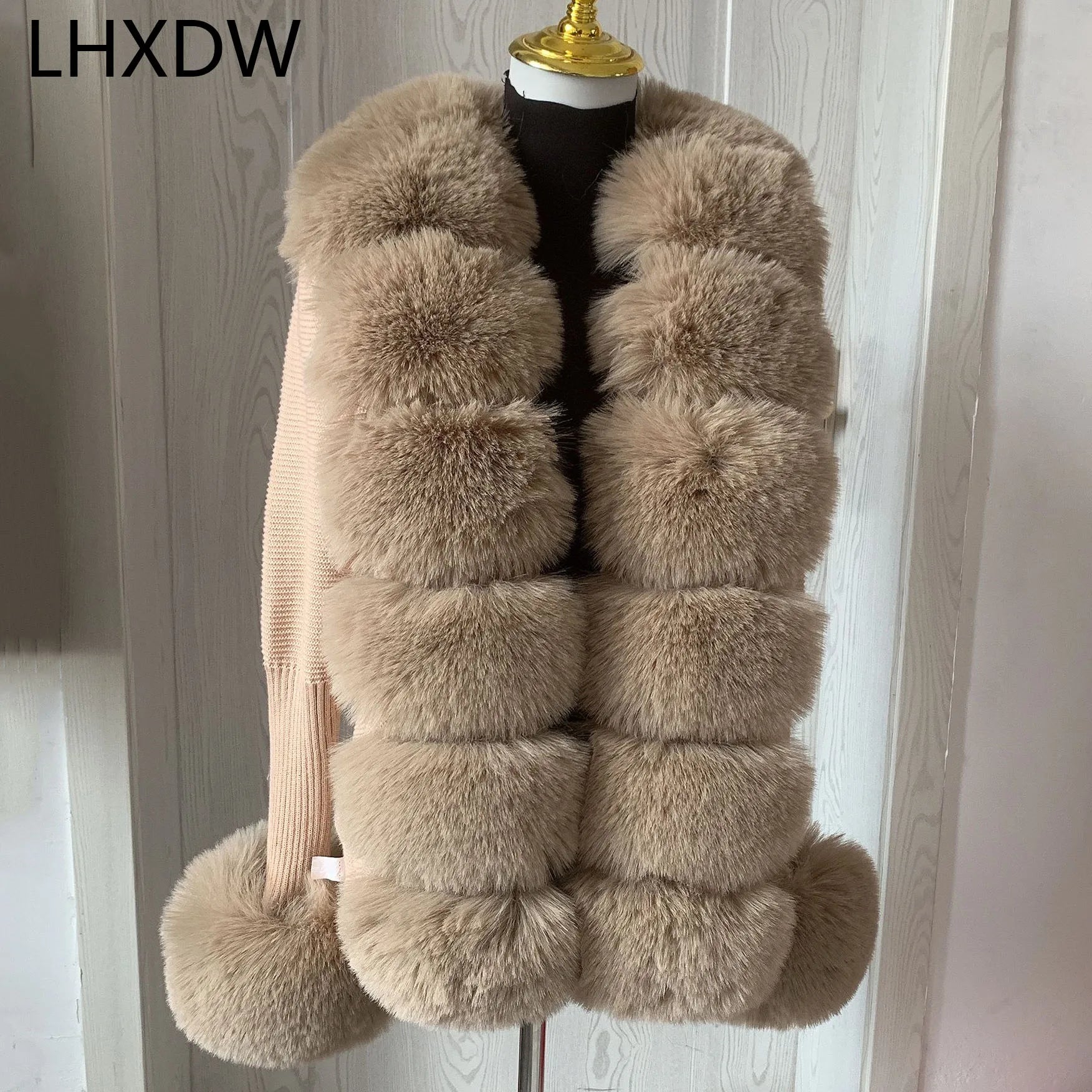 Women's Faux Fur Knit Cardigan with Faux Fox Fur Collar – Elegant Puff Sleeve Sweater Coat