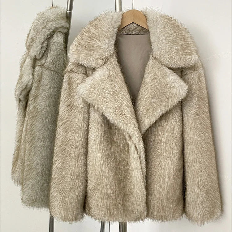 Women's Faux Fur Long Coat – Khaki Warm Fluffy Overcoat, Double-Faced Fur