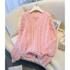 MEXZT Harajuku Oversized Pink V-Neck Knit Sweater for Women, Korean Long Sleeve Streetwear
