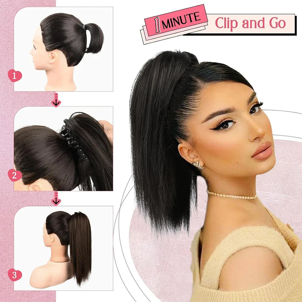 Clip-In 16-Inch (40 cm) Straight Claw Clip Ponytail Hair Extension Heat-Resistant Synthetic Blonde/Brown