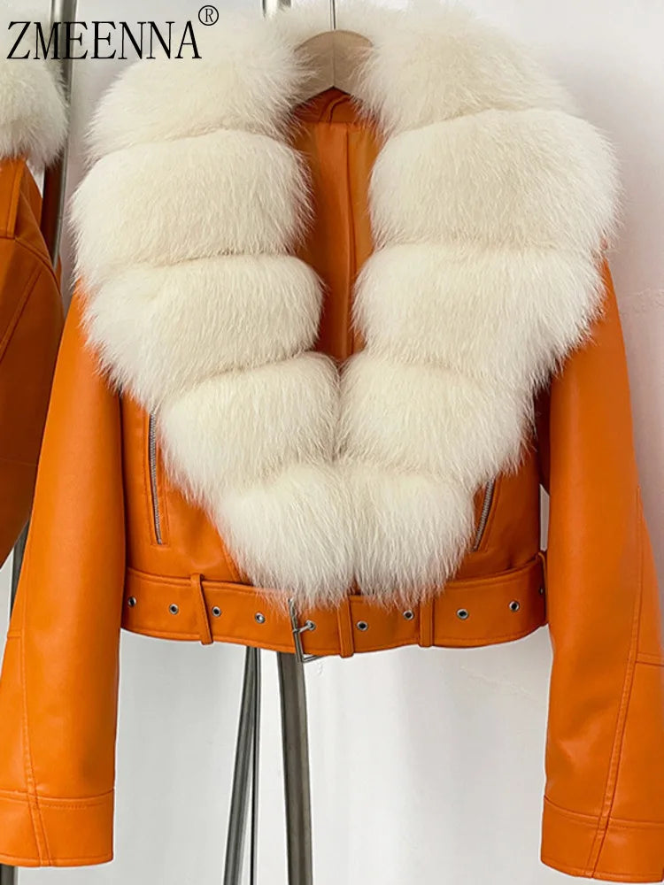 ZMEENNA Women's Faux Leather Moto Jacket with Detachable Faux Fur Collar - Short Warm Winter Coat