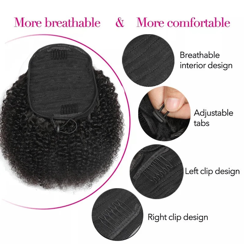 Afro Kinky Curly Drawstring Ponytail 10-24 Inch (25-61 cm) Brazilian Virgin Human Hair 4B/4C - Natural Black, 100g