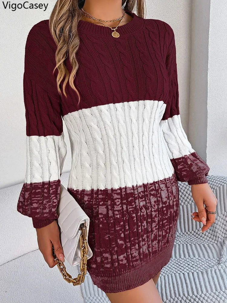 VigoCasey Patchwork Knit O‑Neck Ankle‑Length Long Sleeve Slim Dress for Women – Autumn/Winter Knit Dress