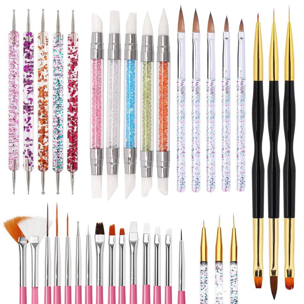 36-Piece Nail Art Brush Set + 5-Piece Silicone Tools — Fine Liner, Striping, Dotting & 3D Gel Acrylic Design Brushes for Home Use