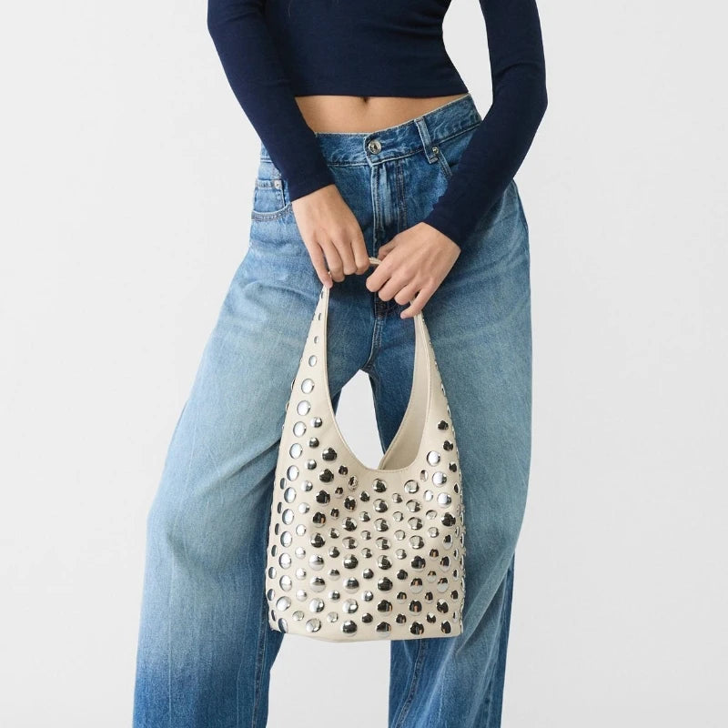 Punk Studded PU Bucket Bag – Rivet Embellished Large Capacity Shoulder Bag for Women