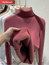 Velvet Lined Turtleneck Sweater Slim Knit Pullover for Women Warm Winter Korean Style