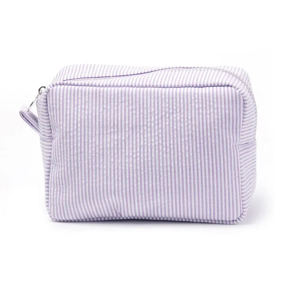 Seersucker Ruffle Makeup Bag — Pink & Purple Striped Zipper Pouch for Travel & Toiletries