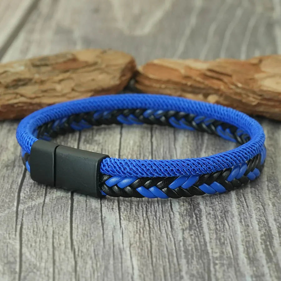 Men's Double-Layer Braided Leather Bracelet with Detachable Magnetic Buckle & Chain - Hiphop Street Armband