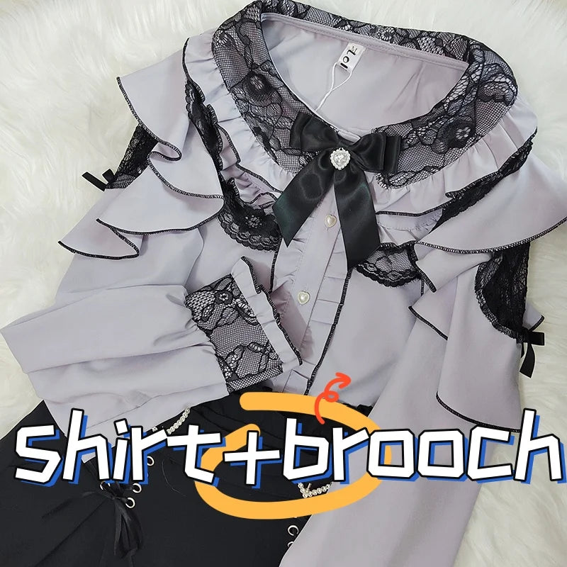 Kawaii Jirai Kei Lolita Y2K Japanese Style Peter Pan Collar Blouse Long Sleeve Sweet Bow Casual Aesthetic Top