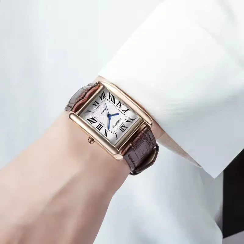 REBIRTH Elegant Women's Quartz Square Dial Watch Leather Strap Water-Resistant Business Watch