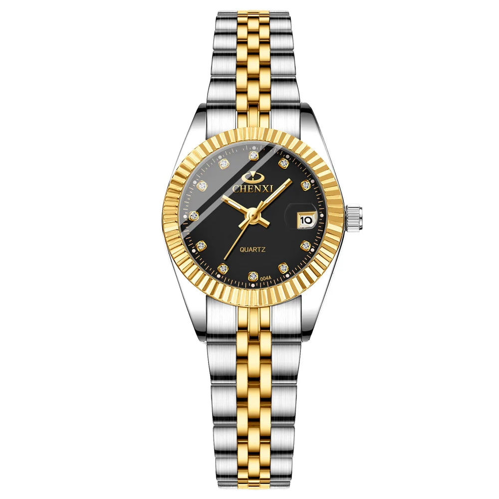 CHENXI Women's Gold Stainless Steel Quartz Watch – Small 26mm (1.02 in) Round Dial Dress Bracelet Wristwatch