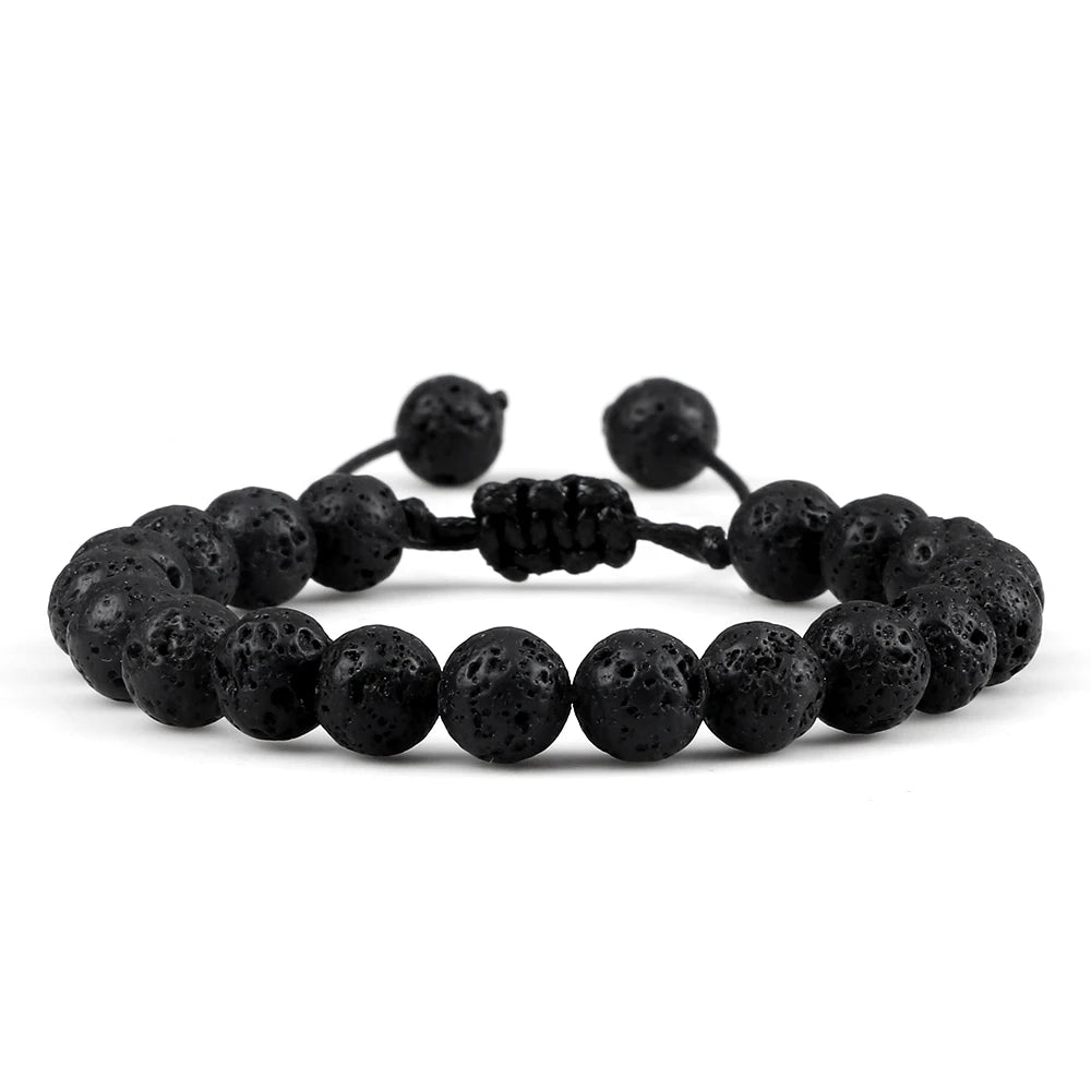 8mm Tiger Eye & Lava Stone Adjustable Braided Bracelet — Unisex Beaded Yoga Healing Energy Bracelet