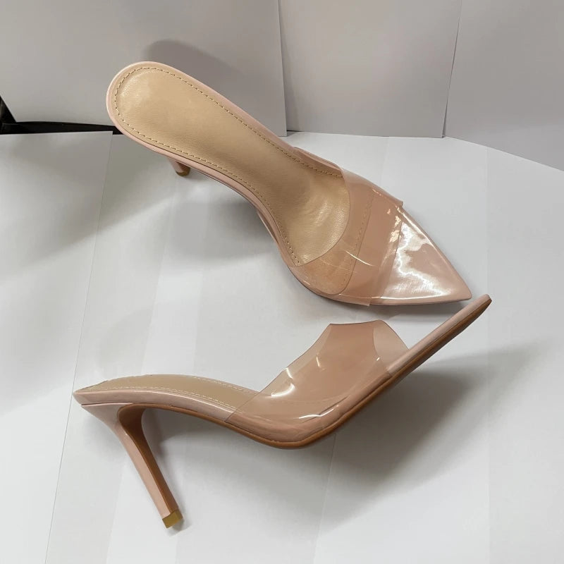 Transparent Pointed Stiletto Mules - Women's Clear High Heel Slip-On Sandals, 3.1 in (8 cm)