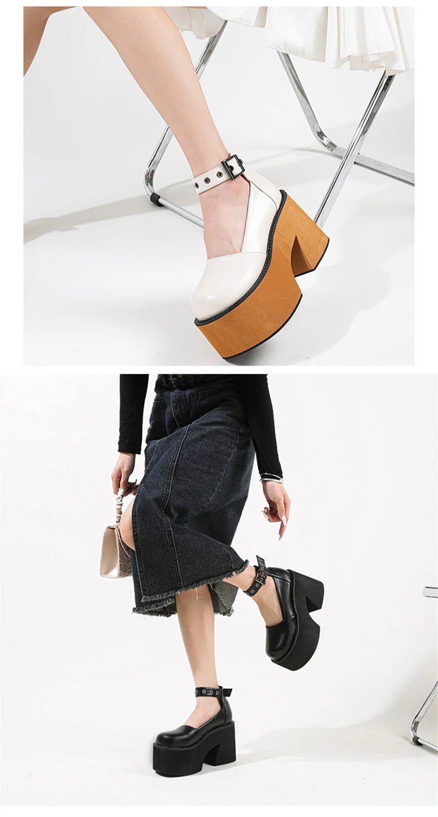 Women's Patent Leather Buckle Loafers – Retro Platform Pumps, 10 cm (3.94 in) Chunky Heel, 4 cm (1.57 in) Platform