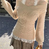 Vintage V-Neck Knit Sweater for Women – Slim Long Sleeve Pullover, Gray