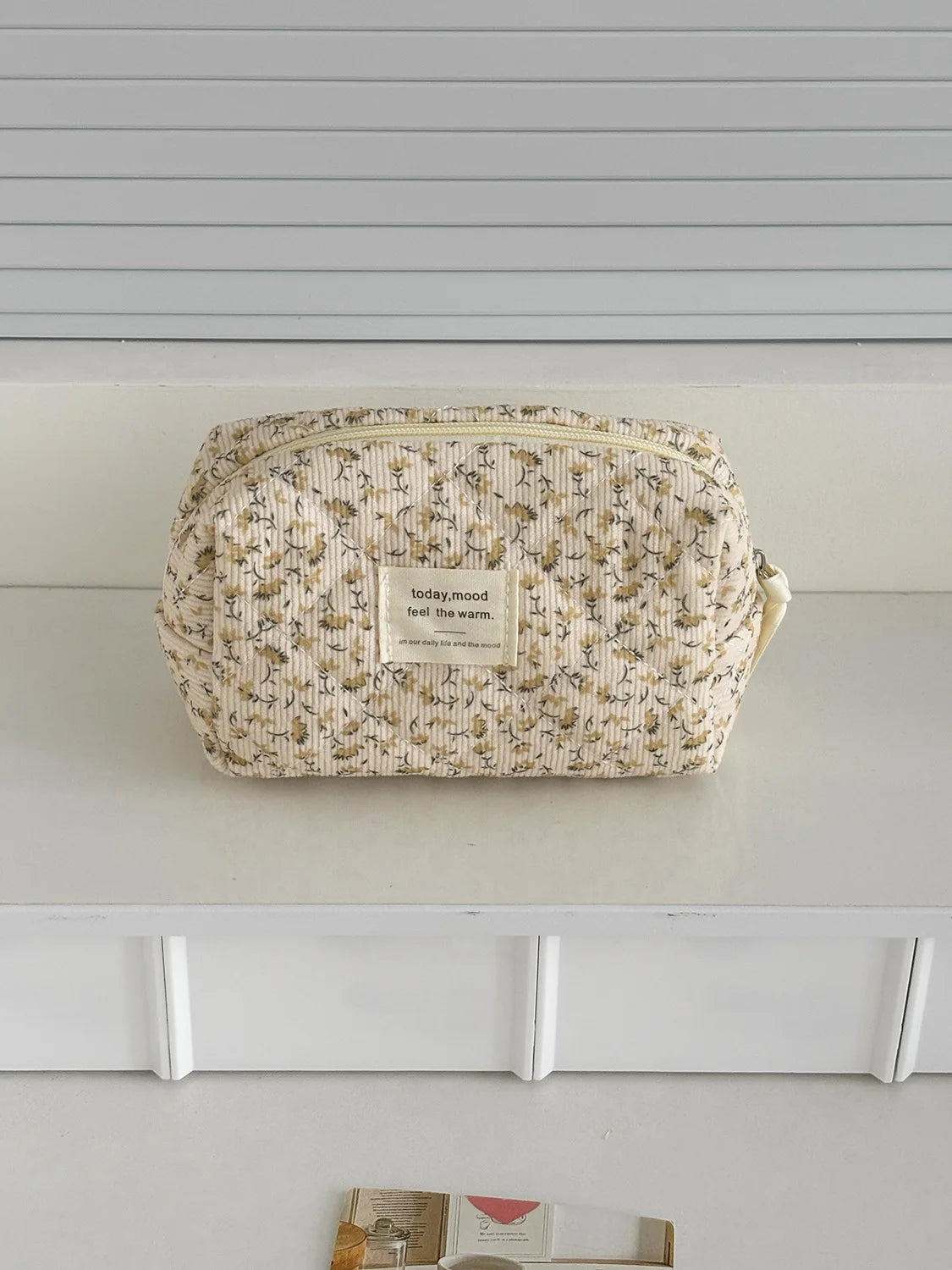 Vintage Corduroy Floral Makeup Bag - Retro Zipper Cosmetic Pouch Clutch for Women