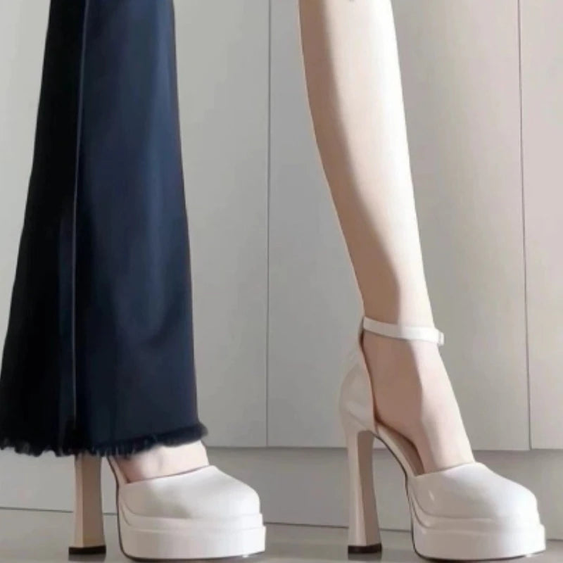 Women's Waterproof Patent PU Platform Sandals – 11 cm (4.3") Chunky Heel, Buckle Strap, White, EU 35-42