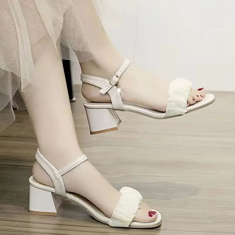 French Style Women's Crystal Mesh High-Heeled Sandals, Lightweight Soft Square Thick Heel