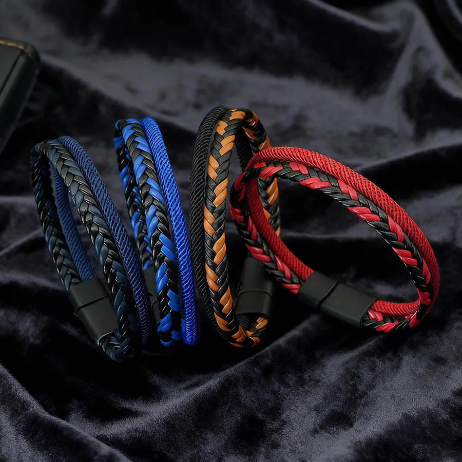 Men's Double-Layer Braided Leather Bracelet with Detachable Magnetic Buckle & Chain - Hiphop Street Armband