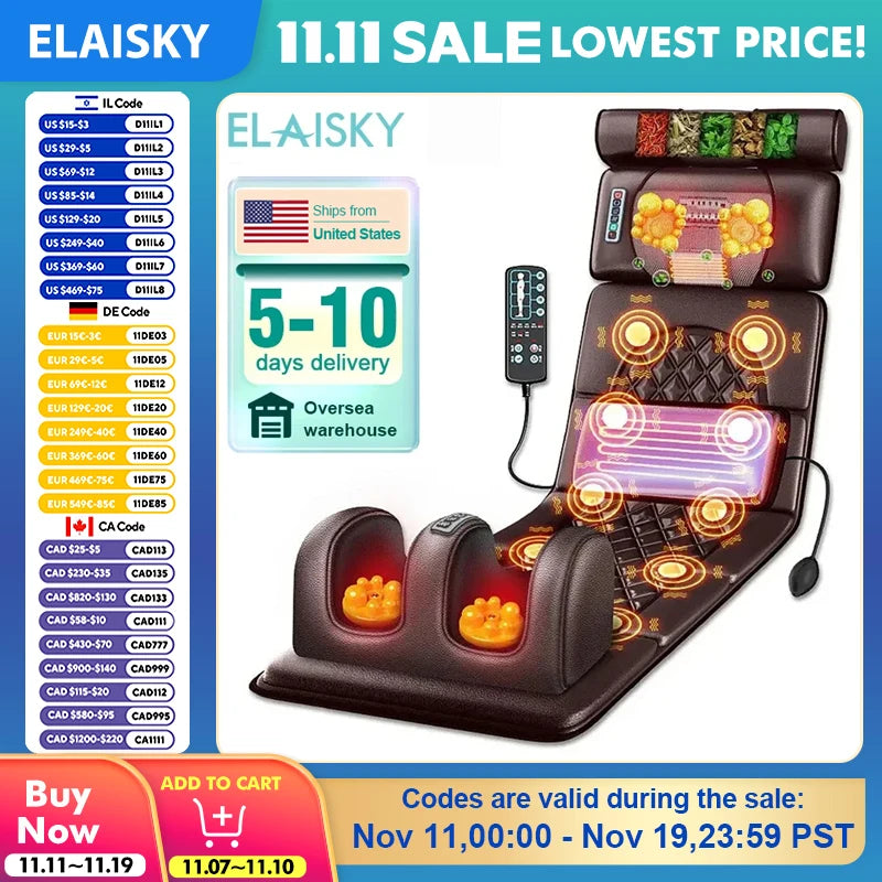 ELAISKY Electric Massage Mattress – Full-Body Vibrating & Infrared Heating Massager Cushion for Neck, Back & Feet Pain Relief