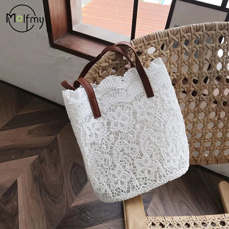 Lace Bucket Shoulder Bag for Women – Korean Straw Tote Beach Handbag, Elegant Summer Shoulder Bag