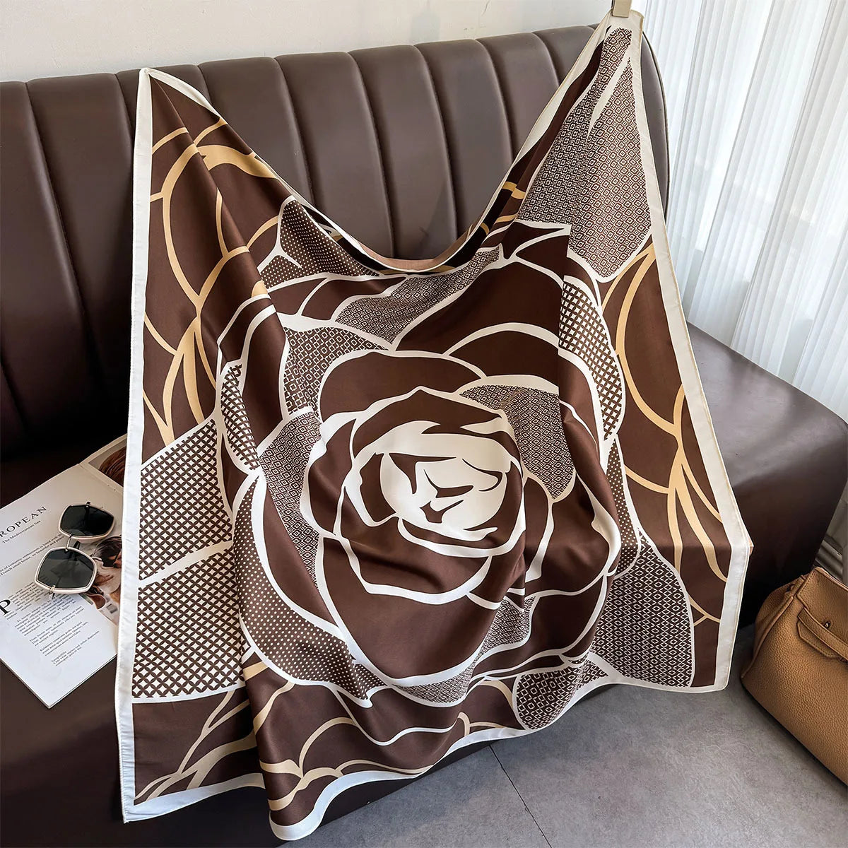 90 x 90 cm (35 x 35 in) Twill Silk-Feel Square Scarf – Women’s Luxury Tree Print Head Scarf, Shawl, Hijab, Bandana