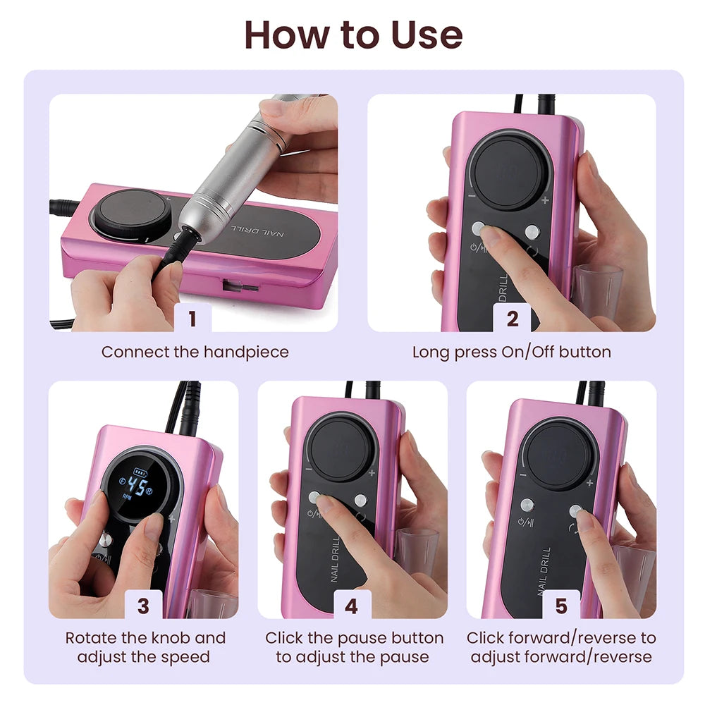 Rechargeable 45000RPM Portable Nail Drill Kit – Wireless Manicure & Pedicure Grinder with 6 Bits and 6 Sanding Bands