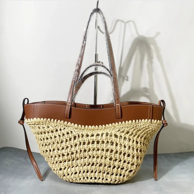 Women 2-in-1 Woven Straw Shoulder Bag – Adjustable Strap Large Capacity Dumpling Beach Bucket Bag