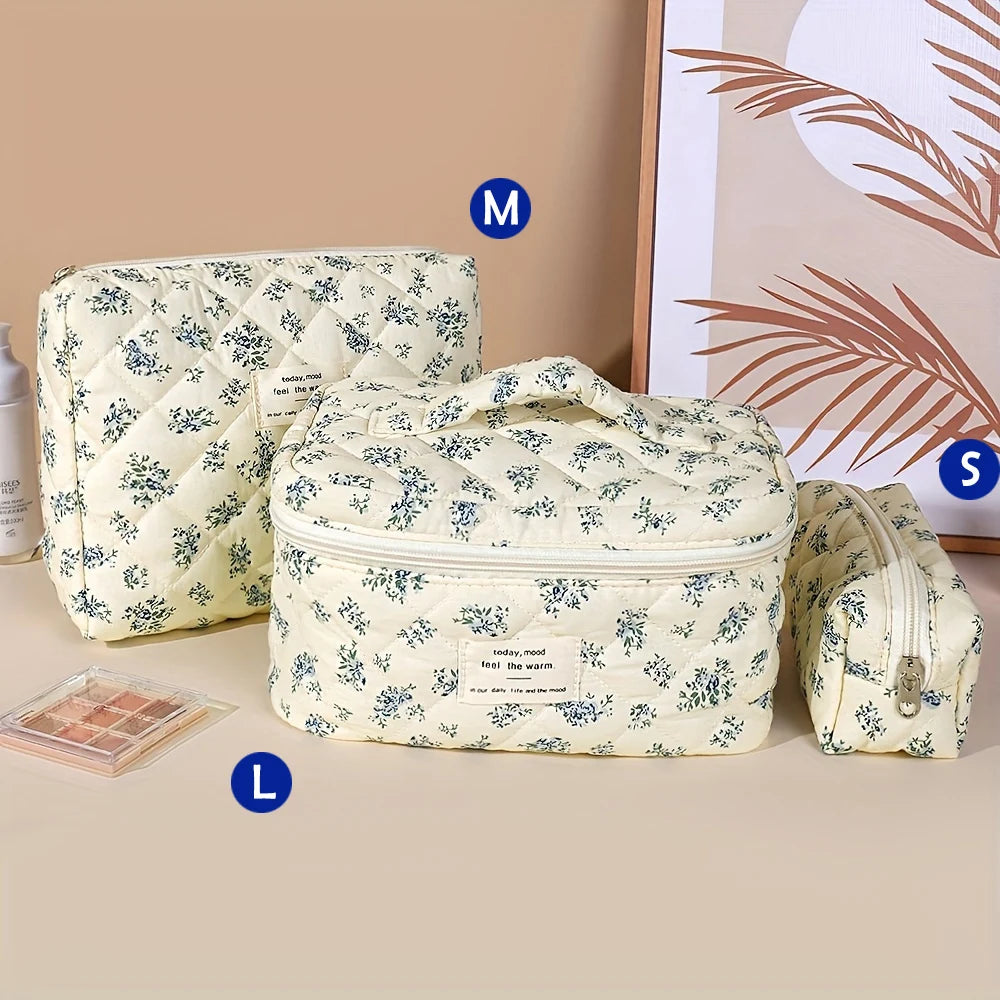 Quilted Cotton Makeup Bag – Zipper Cosmetic Organizer Box-Shaped Toiletry Case for Women & Girls