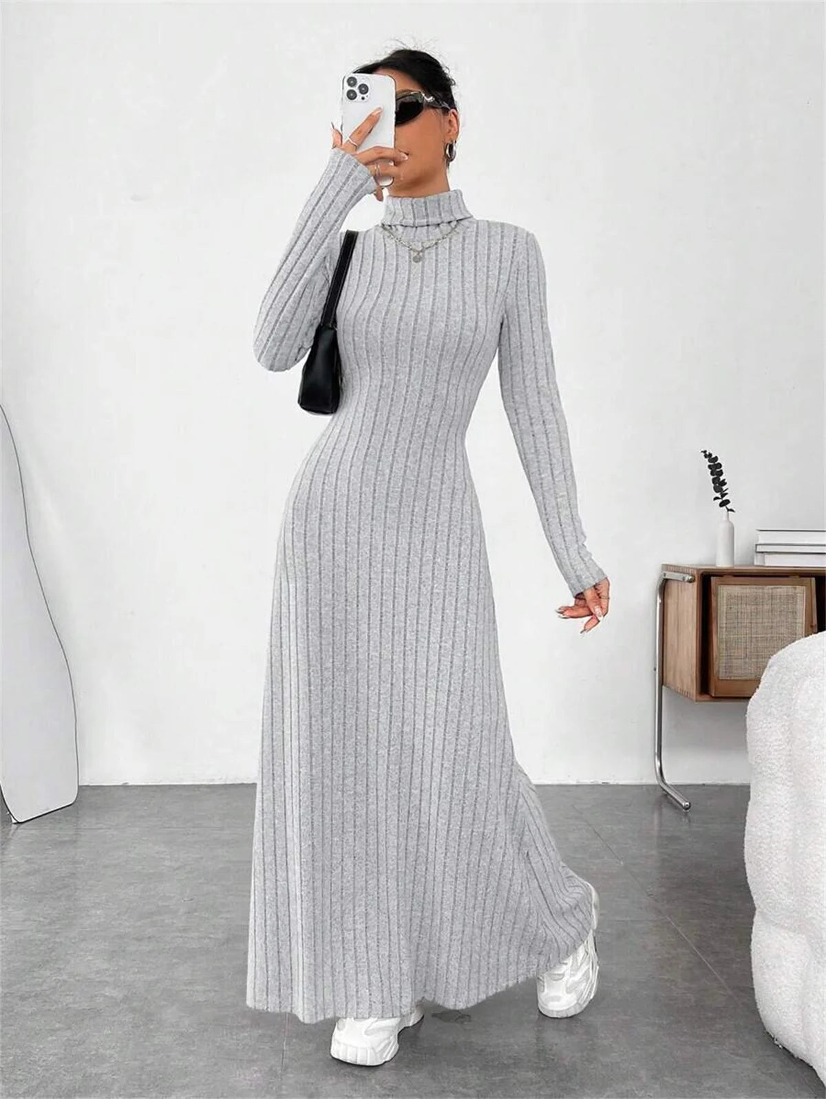 Knitted Turtleneck Long Sleeve Dress for Women - Vintage Slim Ankle-Length Knit, Autumn/Winter Casual Y2K
