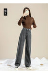 Women's High-Waist Wide-Leg Fleece Jeans — Korean Style Thick Straight Ankle-Length Pants