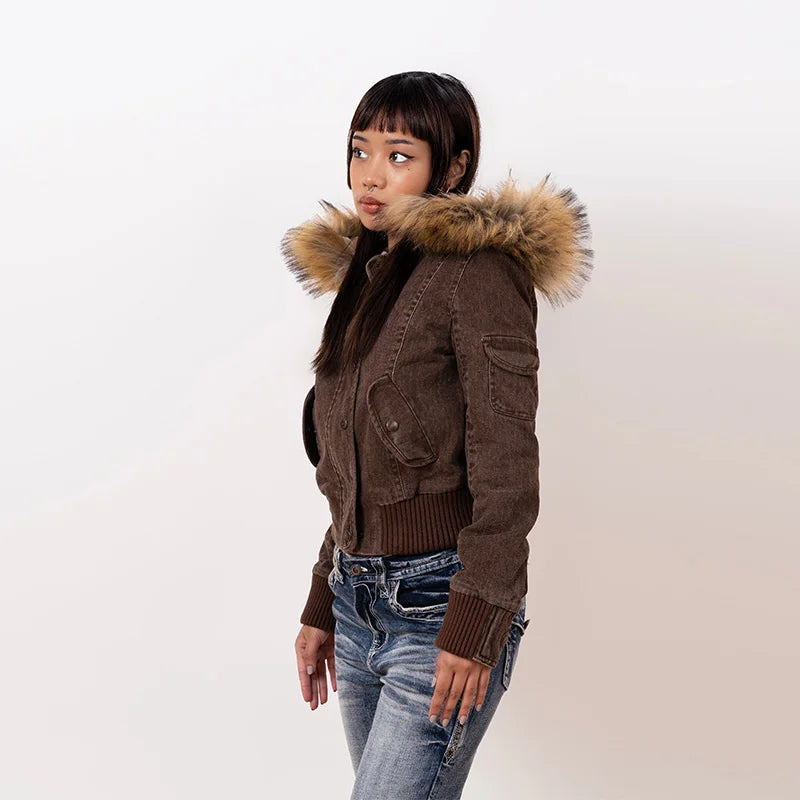 Vintage Brown Short Stand Collar Jacket for Women - Slim Full-Sleeve Detachable Fur Collar Autumn Winter Outerwear