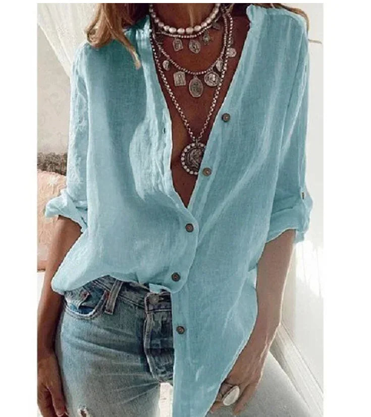Women's Linen Chiffon V-Neck Button Long Sleeve Shirt Casual Loose Commuter Top