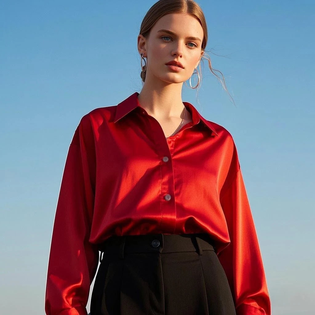 Korean Slim Satin Blouse for Women, Office Casual Long Button Shirt Solid Multicolor