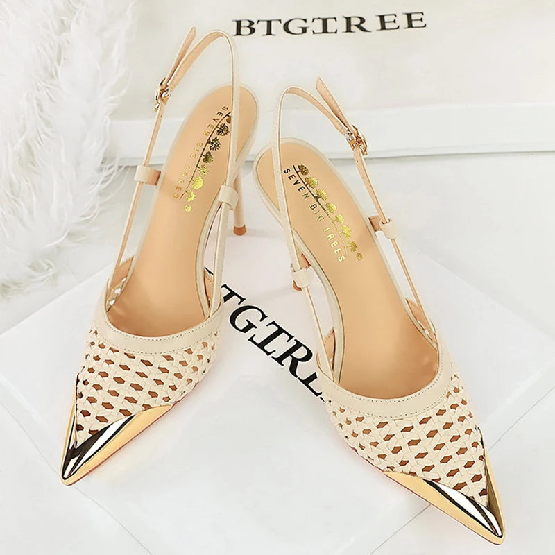 Woven Hollow Pointed-Toe Stiletto Pumps for Women – 9.5 cm (3.7 in) Buckle High Heels, Summer Party Sandals