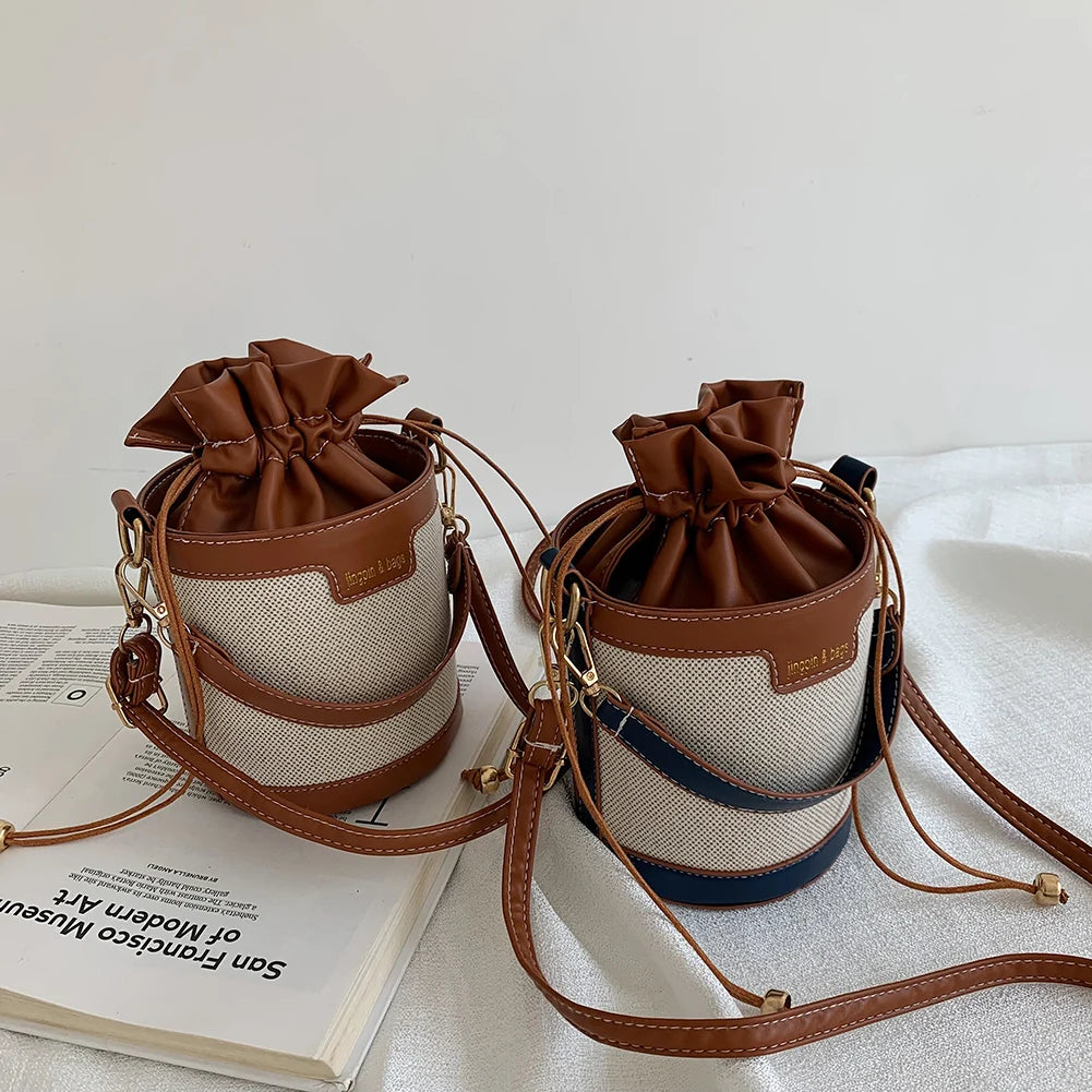 Vintage Patchwork Cylinder Drawstring Bucket Bag - PU Leather Mini Crossbody Shoulder Bag for Women