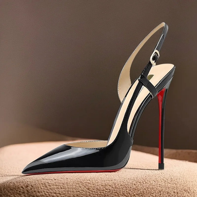 Black & White Patent Cutout Rear-Strap Stiletto Heels — Plus Size