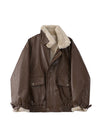Women's Faux Leather Fur-Lined Motorcycle Jacket — Lamb Wool Lined PU Lapel Coat, Long Sleeve Loose Vintage Warm Jacket