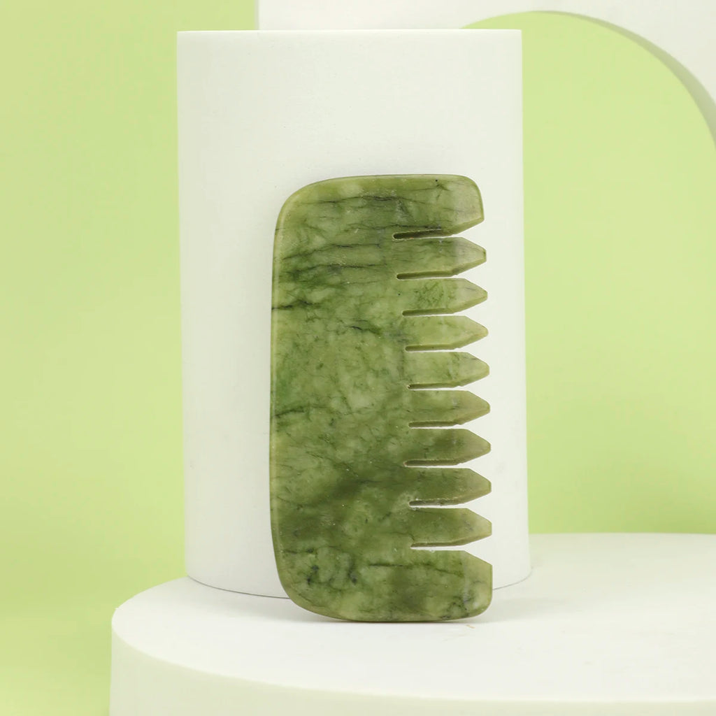 Natural Jade Massage Comb – Wide-Tooth Scalp & Face Gua Sha Tool for Meridian Therapy, Neck, Shoulder & Eye Massage