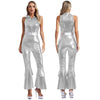Women's 70s Disco Metallic Jumpsuit – Retro Hippie Bell-Bottom with Tiered Flare Sleeves, Back-Zip Party Costume