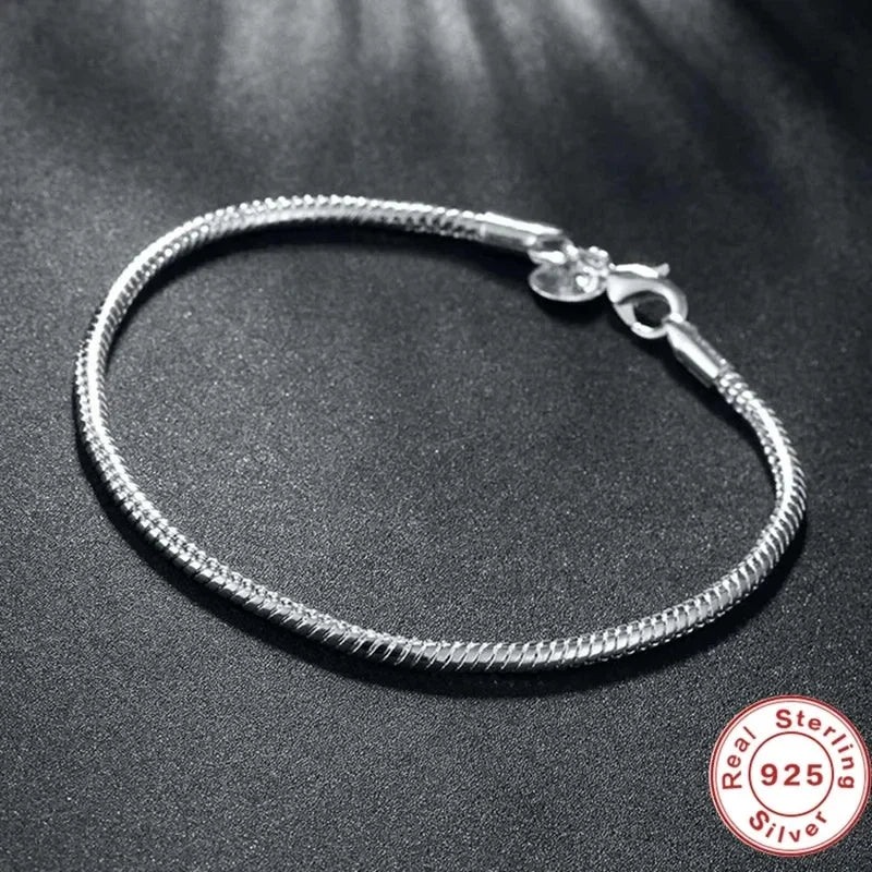 Handmade 925 Sterling Silver Snake Chain Charm Bracelet for Women, Smooth Soft Finish