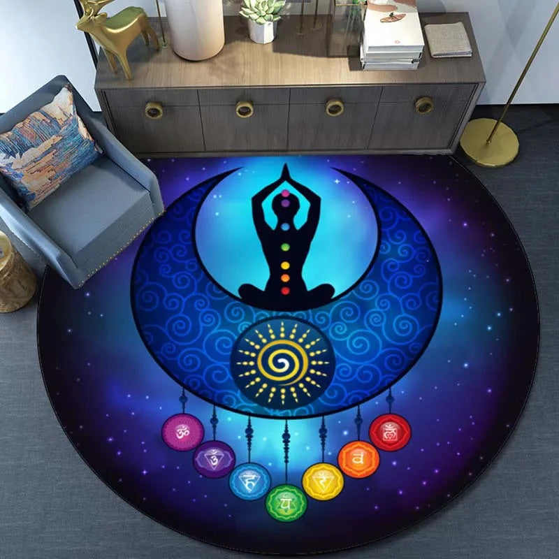 Chakra Moon Mandala Round Rug - Crystal Velvet Meditation Mat, 24–71 in (60–180 cm)