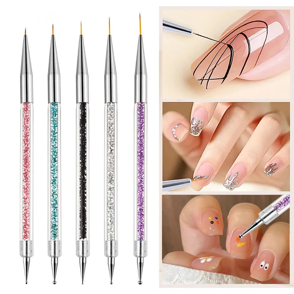 5-Piece Stripe Liner Nail Brush Set with Dotting Tool & Rhinestone Picker for Nail Art