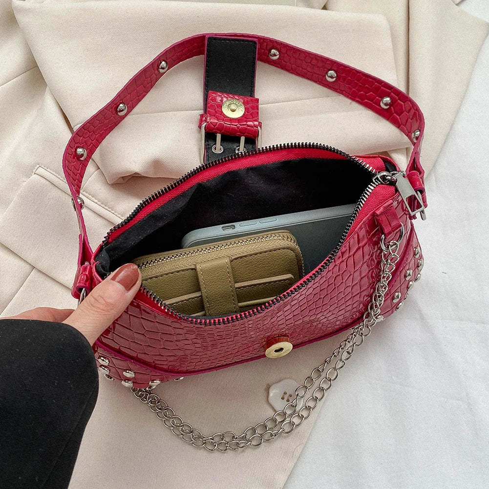 Vintage Gothic PU Leather Baguette Shoulder Bag with Chain and Rivets - Women's Underarm Sling Purse