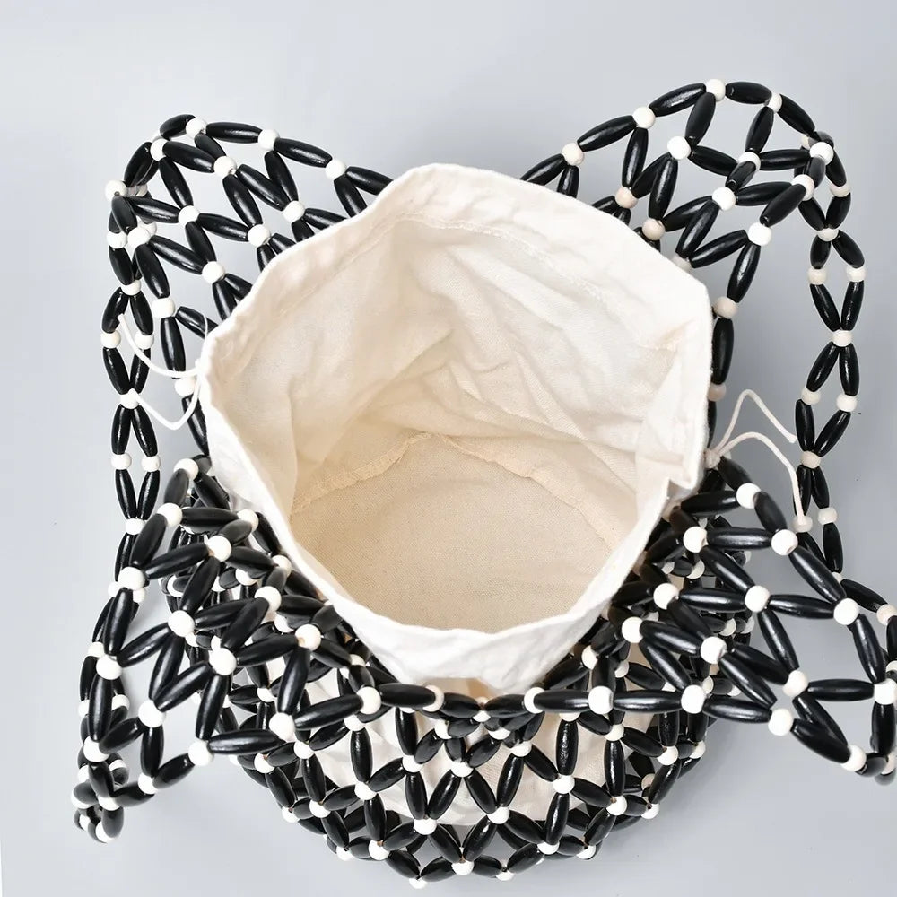 Woven Wooden-Bead Bucket Tote — Hollow-Out Straw Shoulder Bag for Women, Summer Beach Handbag