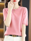 Women's Short-Sleeve Knit O-Neck Pullover - Wool-Cotton Blend Lightweight Summer Top