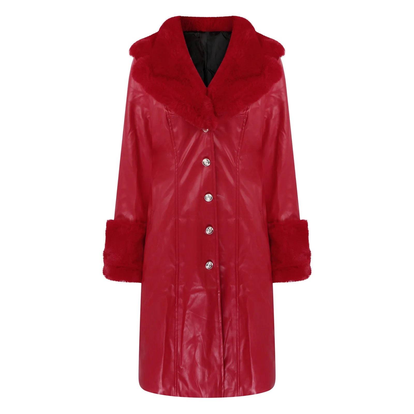 Women's PU Faux Leather Long Coat with Turn-Down Collar — Warm Casual Autumn Winter Jacket