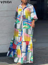 Plus Size 5XL Bohemian Printed Maxi Dress Long Sleeve Button-Front Vintage Casual Sundress