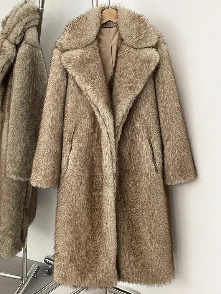 Women's Faux Fur Long Coat – Khaki Warm Fluffy Overcoat, Double-Faced Fur