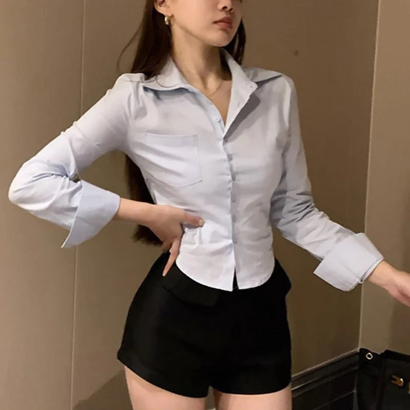 Women’s White Chiffon Button-Down Blouse with Pocket — Long Sleeve Lapel Office Top